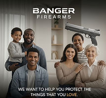 advertisement reflecting two separate families and image of a gun promoting protection of those you love