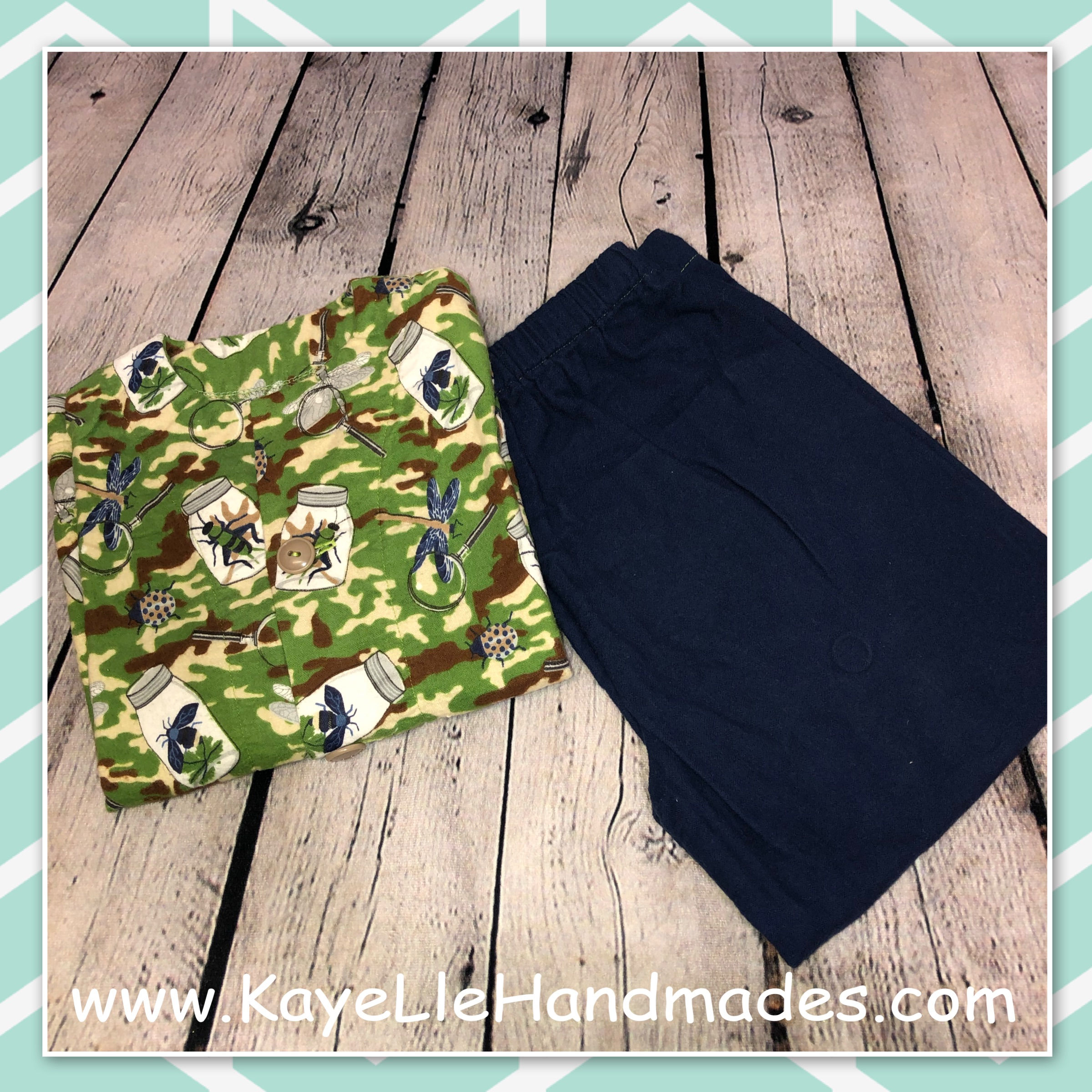 Flannel Pajamas - PJ's - Set - Camo with Bugs and Blue Pants