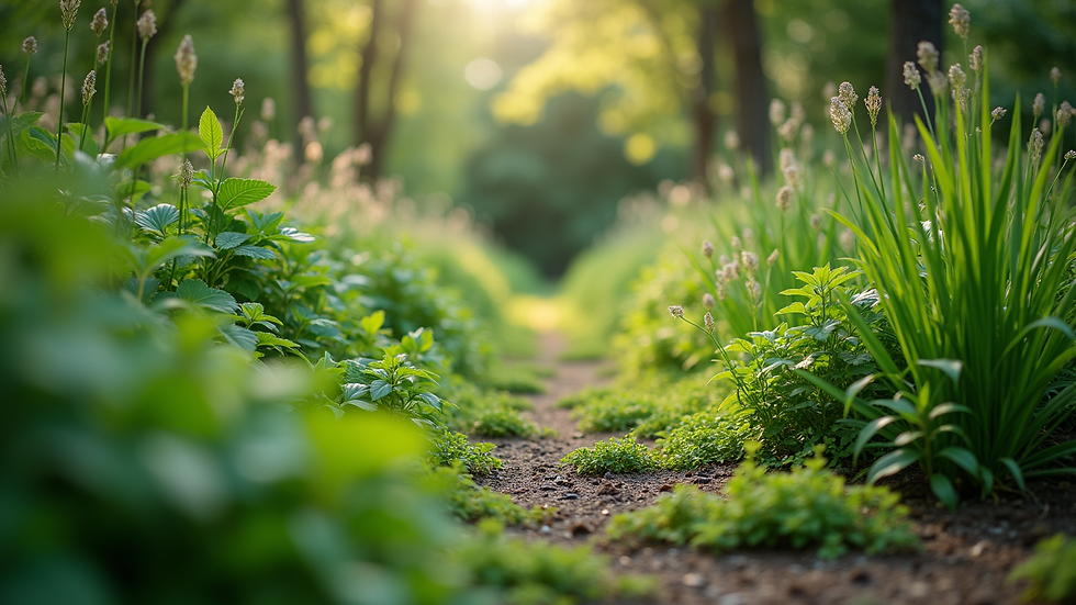 Eye-level view of a lush green garden with diverse plants