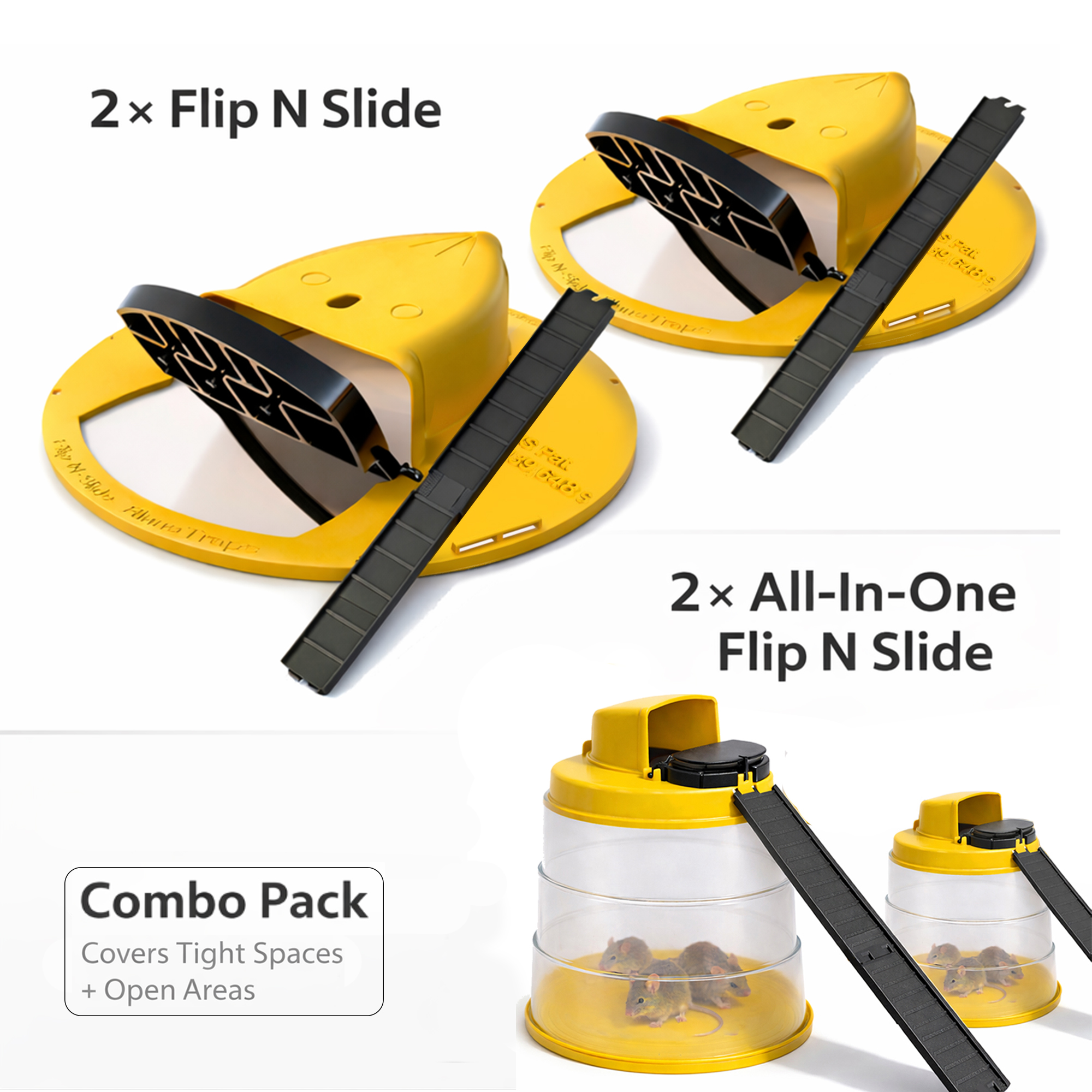 RinneTraps Flip N Slide Combo Pack showing two bucket lid traps and two All-in-One traps with mice caught inside