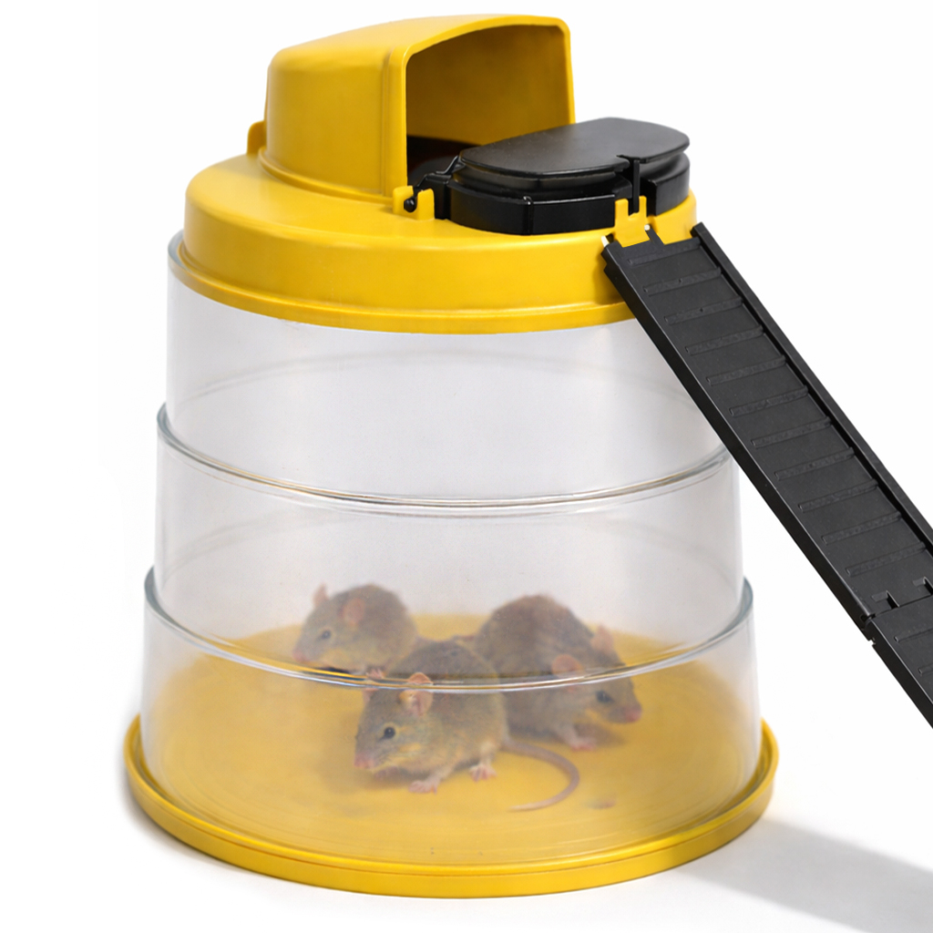 RinneTraps Flip N Slide All-in-One bucket trap with several live mice caught inside the clear chamber