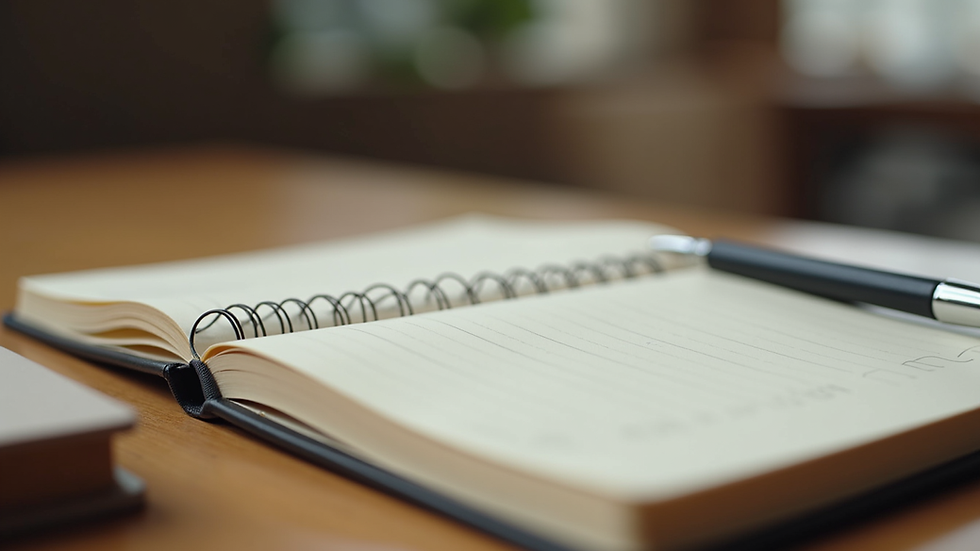 Close-up view of a journal and pen on a wooden table