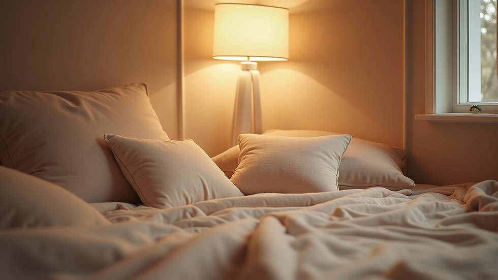Eye-level view of a cozy room with soft cushions and warm lighting