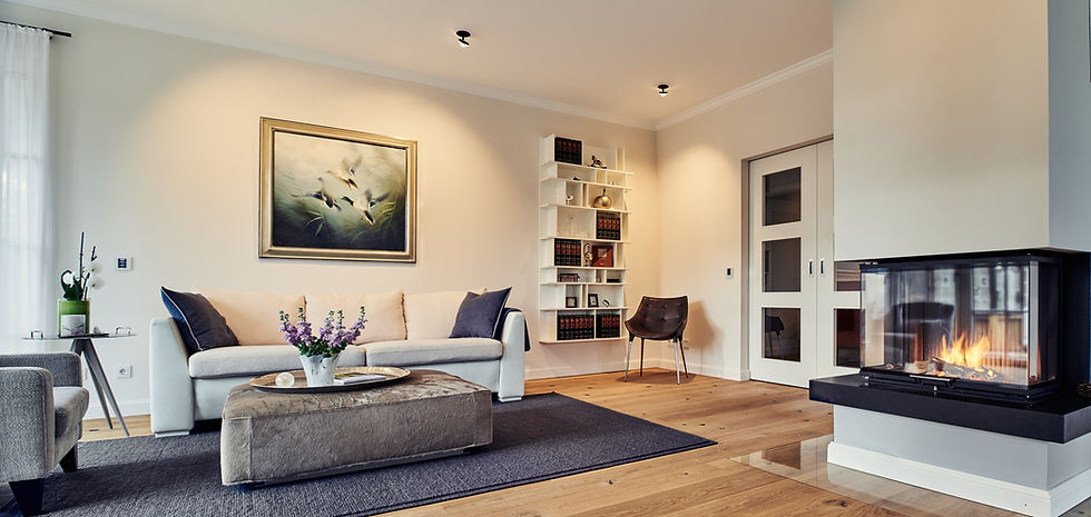 Living room design with fireplace and lighting from Heimatlicht