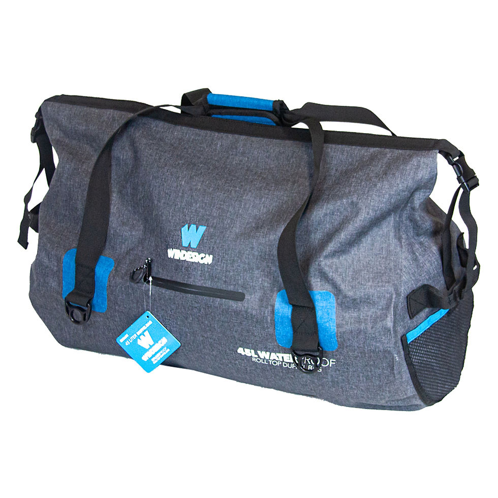 Miniatura: Bolsa de viaje Windesign de 45L vista frontal, con asas negras y etiquetas colgantes.