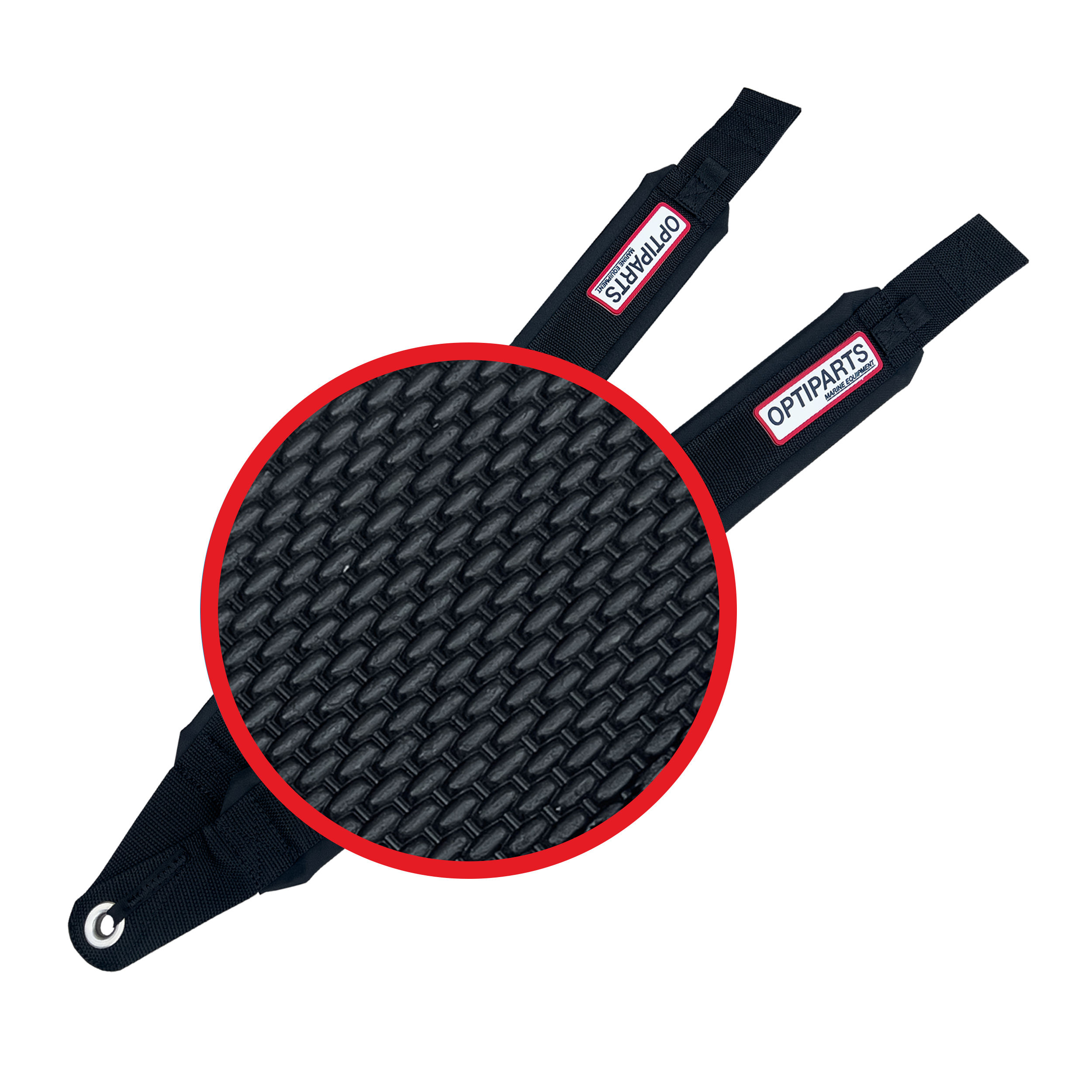 Detalle del recubrimiento antideslizante de goma en la parte inferior de las cinchas EX1450P.