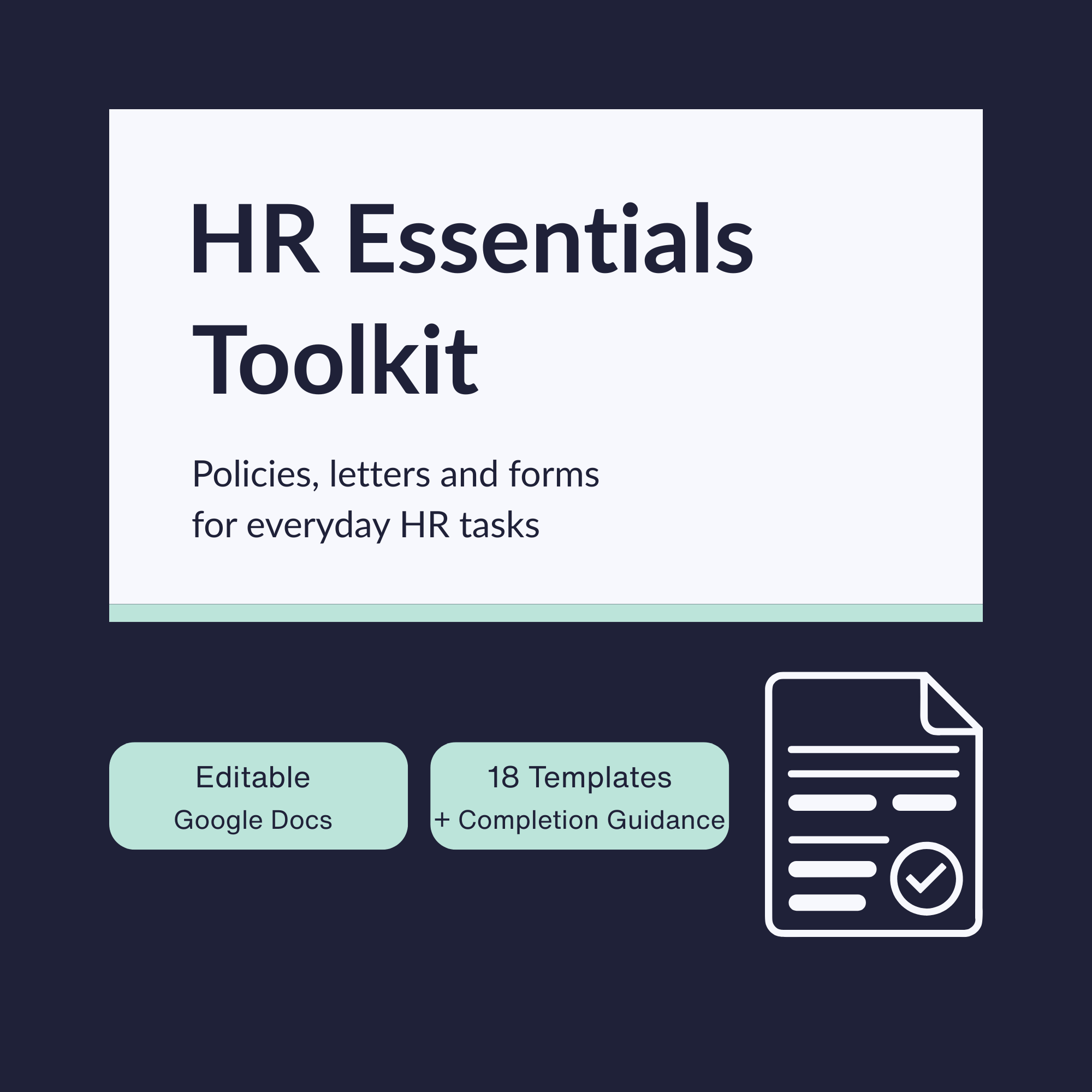 HR Essentials Toolkit cover image with editable Google Docs and template count.