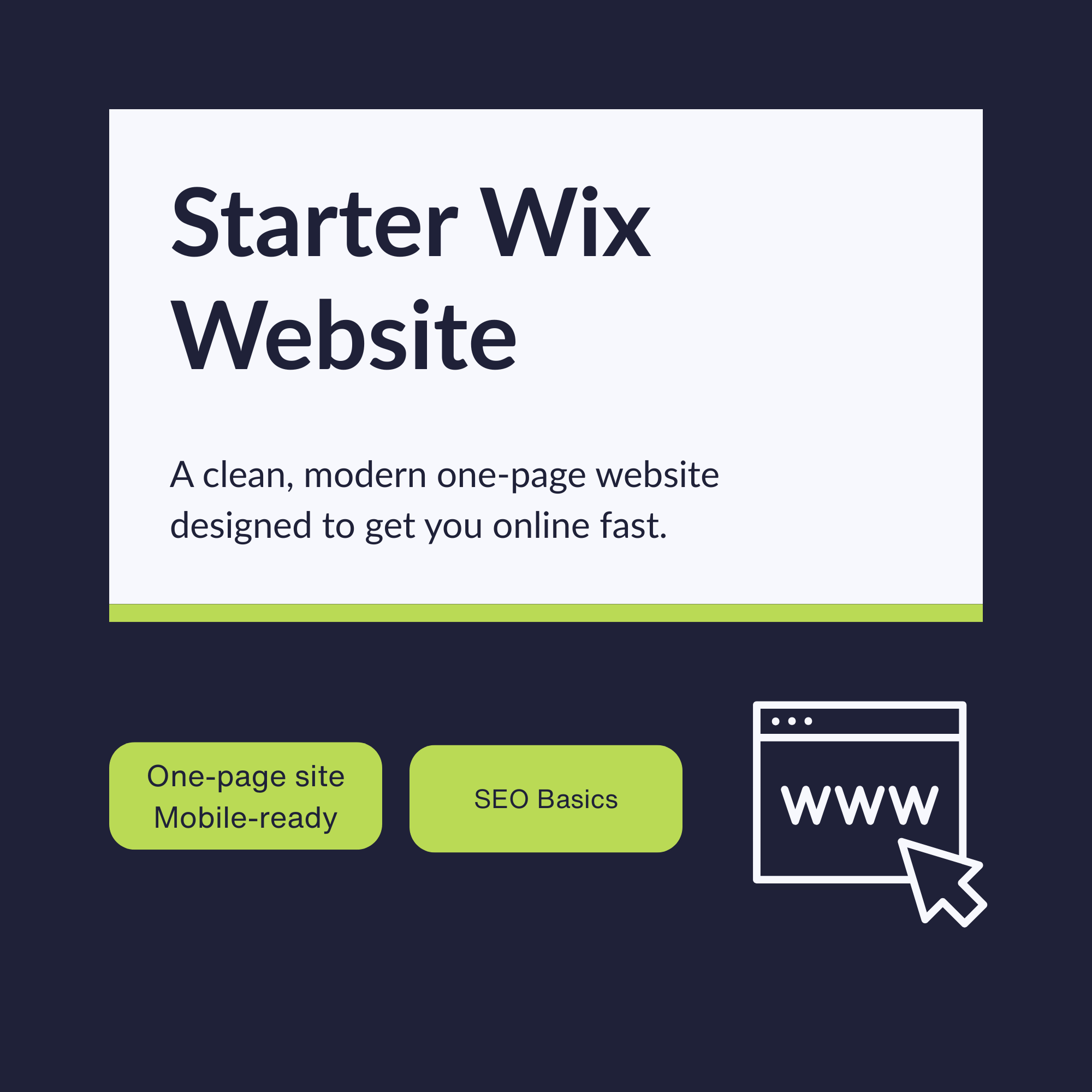 Starter Wix Website cover graphic showing one-page site features, mobile-ready design and SEO basics.