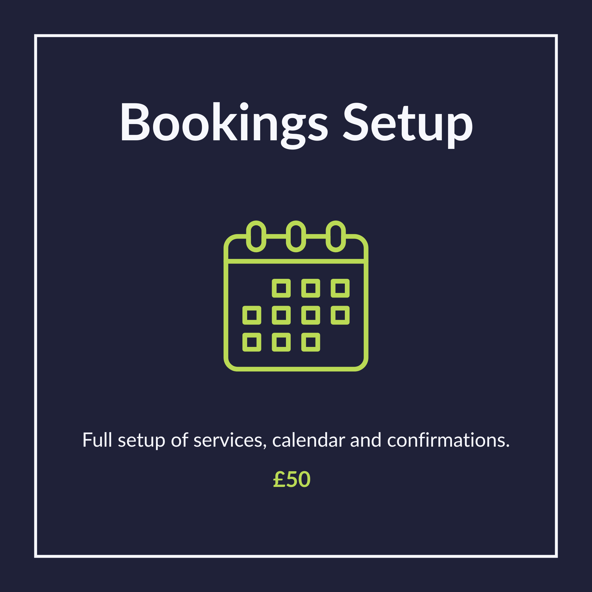 Bookings Setup add-on graphic showing service, calendar and confirmation setup priced at £50.