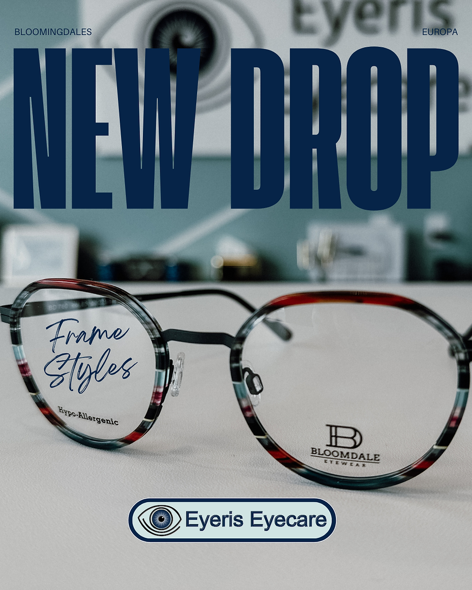 A stunning display of Bloomingdales designer eyewear frames resting on a modern hexagon-patterned countertop inside a beautifully lit optical boutique.