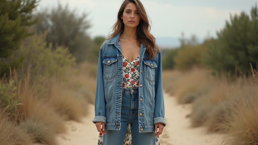 Vista frontal de vestido midi floral com jaqueta jeans oversized