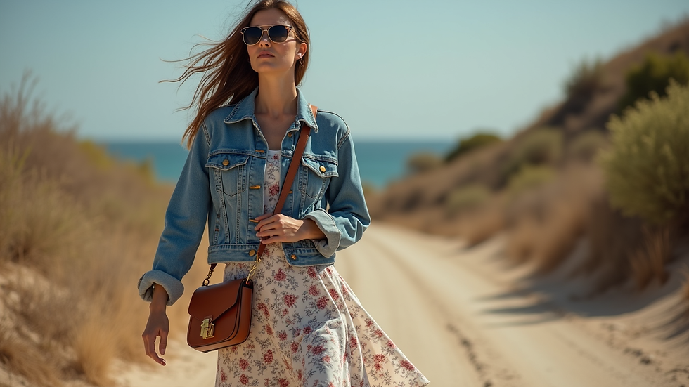 Look com vestido midi floral, jaqueta jeans oversized e bolsa tiracolo