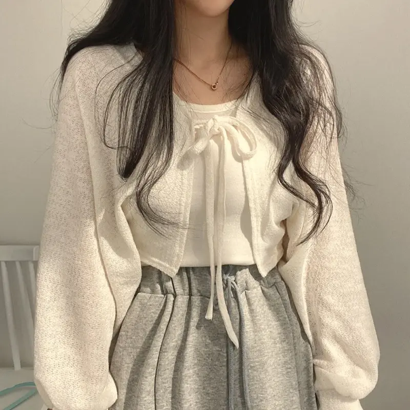 XBBA White Sweet Kawaii Women Cardigan Summer Thin Fashion All Match Shirt