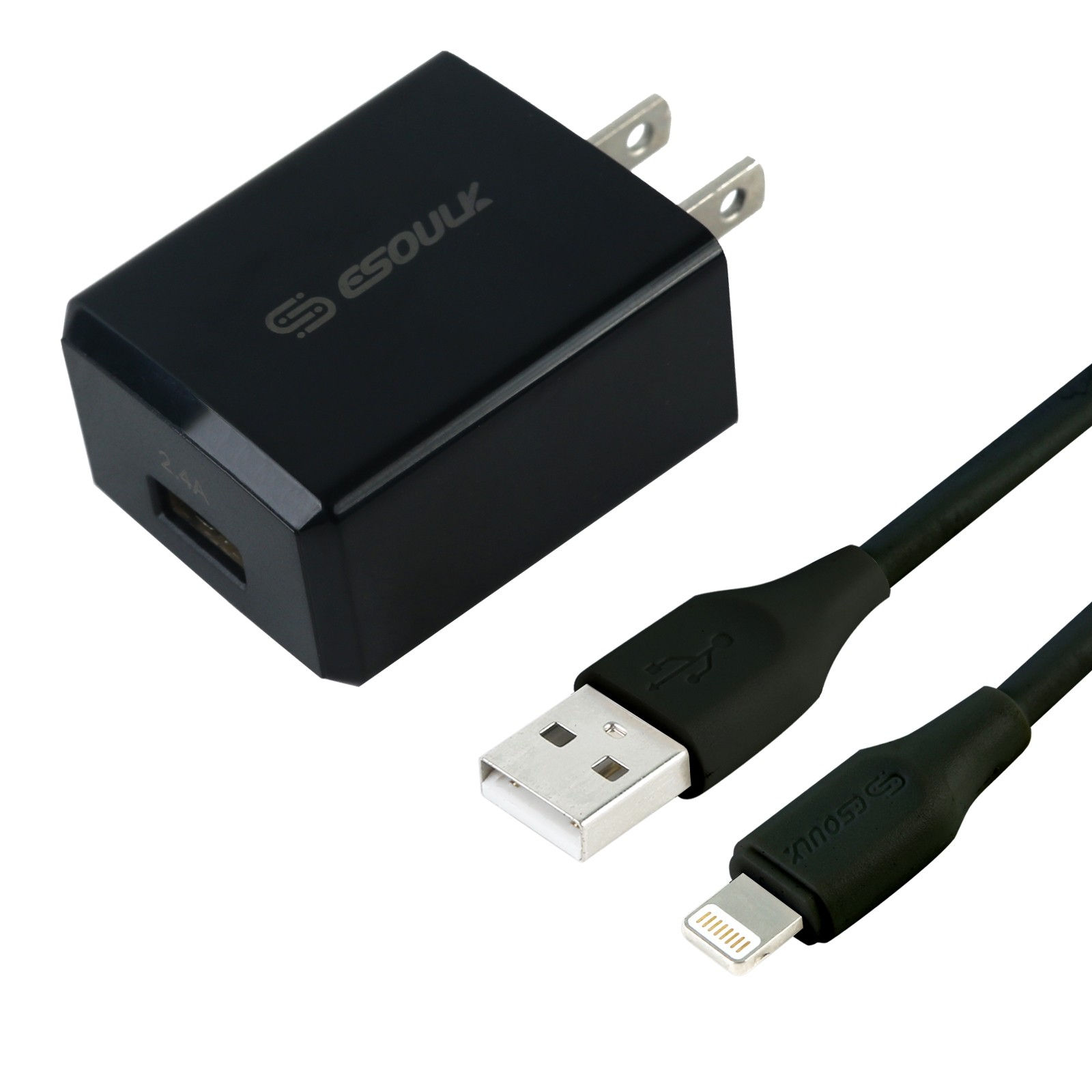 Esoulk 2W 2.4A Wall Charger & 5ft Cable For IPhone-Black