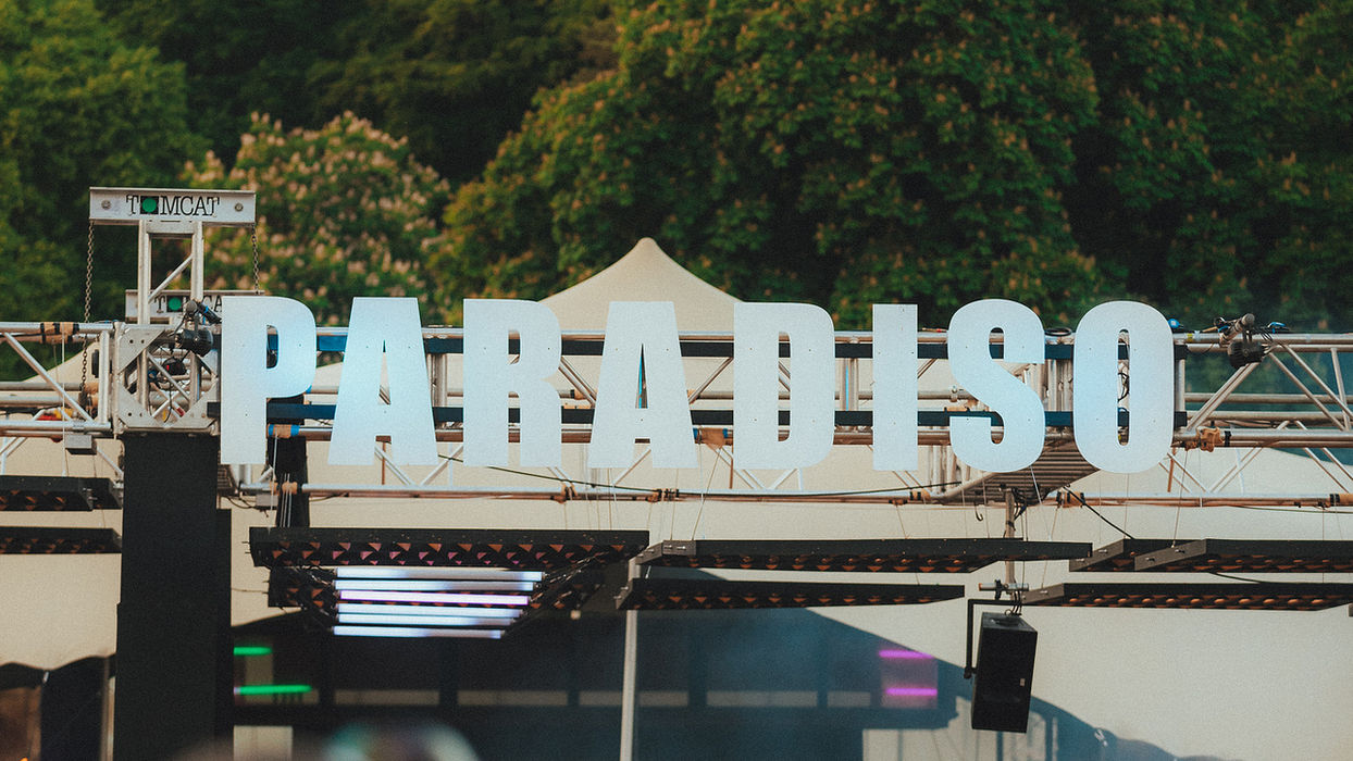 The Paradiso stage logo on some metal scaffolding behind a crowd