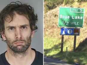 Mug Shot of Suspect Timothy Richard Long and Blue Lake Road Sign