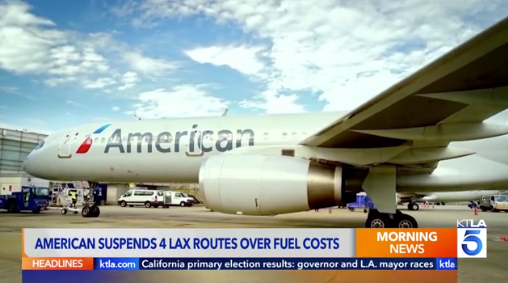 Screen shot of American airline suspending 4 LAX routes