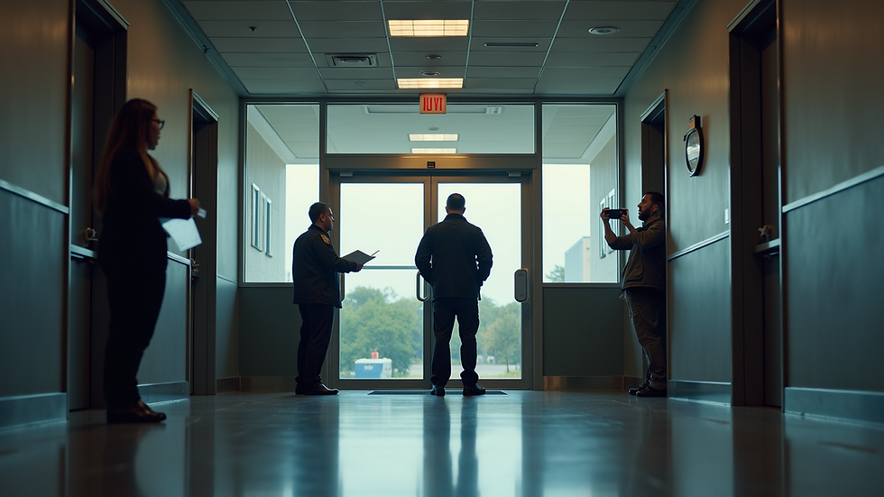 Eye-level view of security personnel monitoring a building entrance