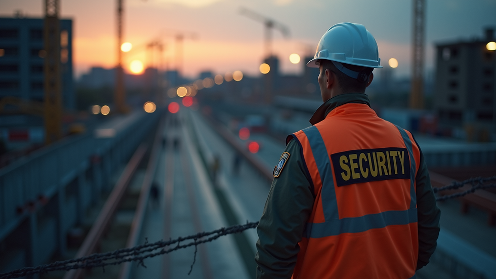 high angle view of a security guard monitoring a construction site at dusk