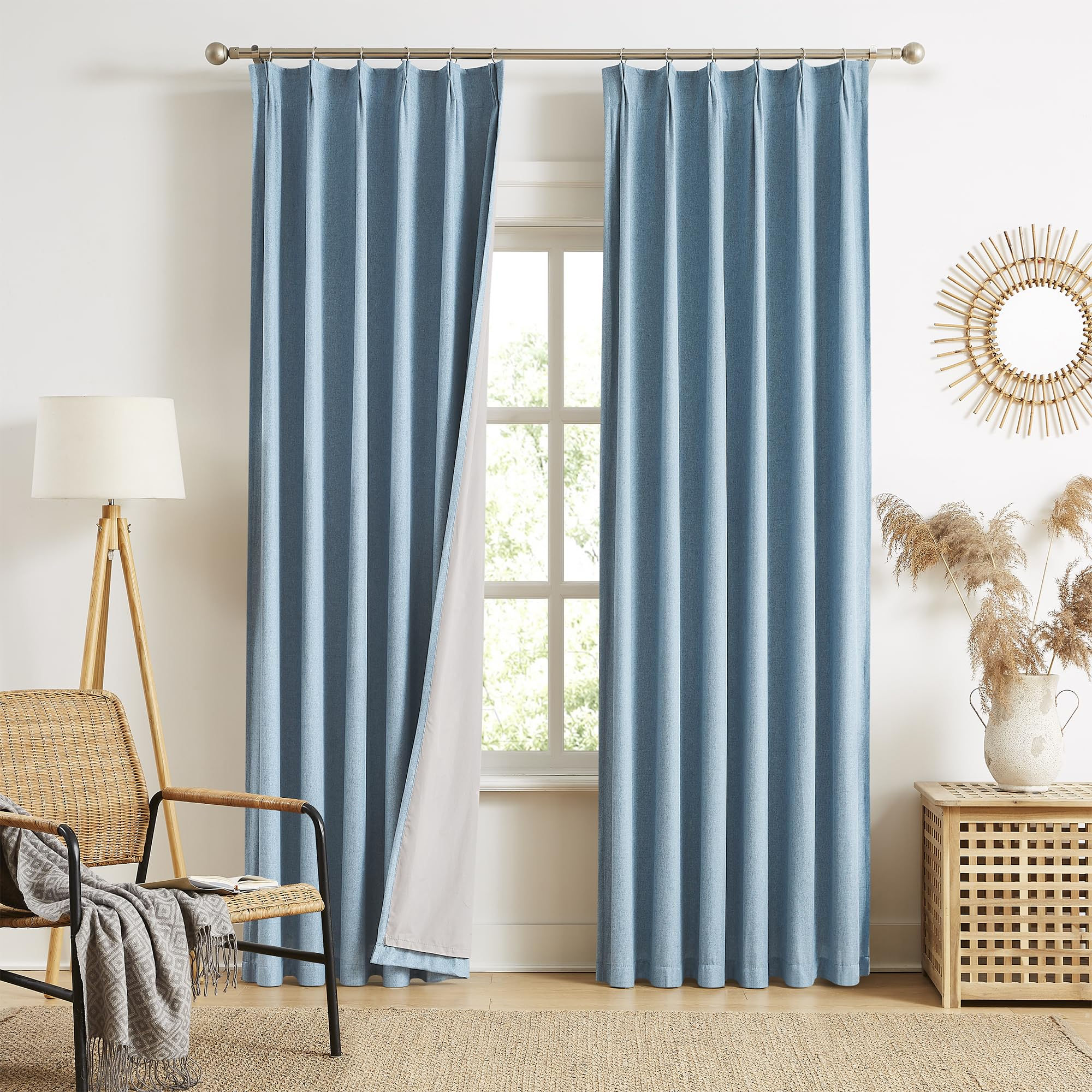 MAIHER Full Blackout Pinch Pleat Curtains 84 Inches Long - Dusty Blue Linen Back