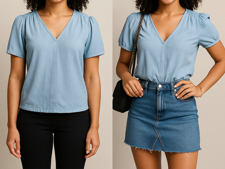 Side-by-side image of a woman wearing the same light blue top styled two different ways — first with black pants, and then with a denim skirt, purse, and accessories. Caption reads: “Styled by Aura. Reworn by You.”