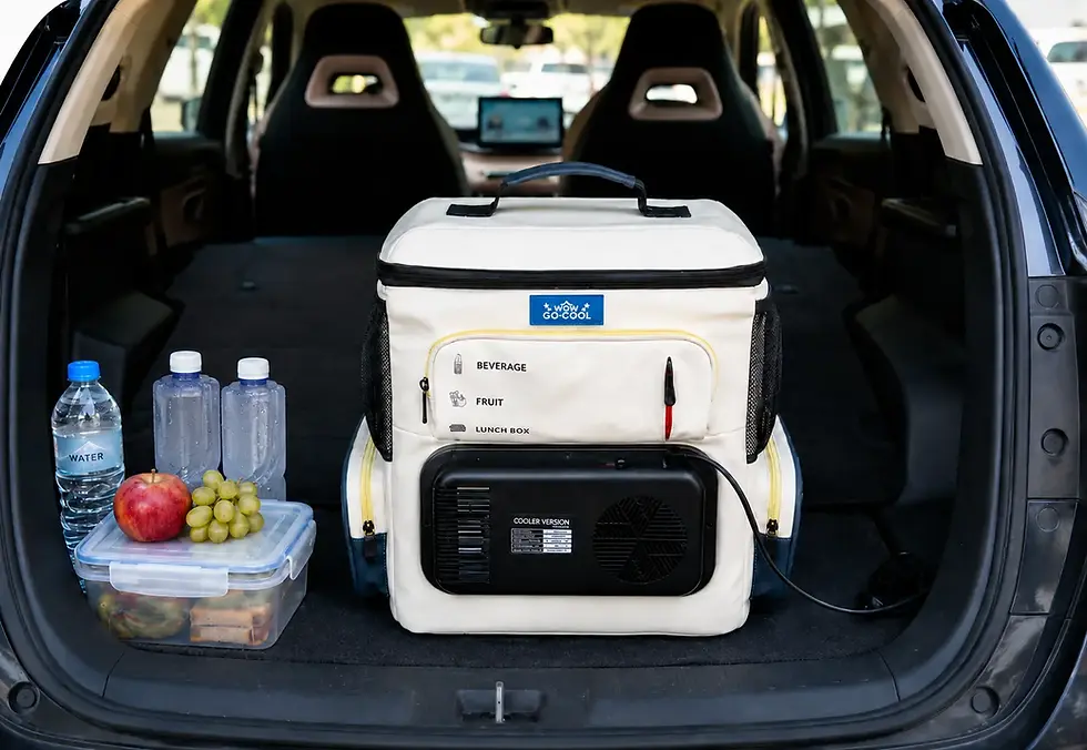 WOWGOOCOOL electric cooler backpack in a car trunk with chilled drinks and packed meals for a road trip.