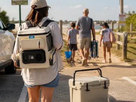 Soft backpack cooler and hard cooler at a beach parking path before a summer family outing