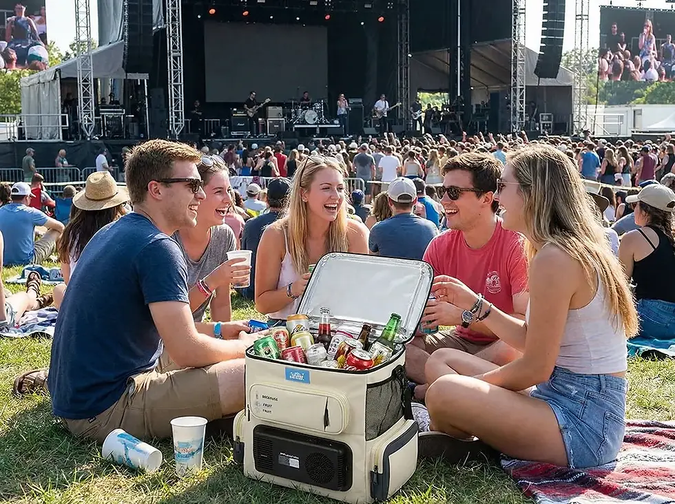 Electric Backpack cooler: cold drinks and music for outdoor festivals