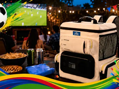 WOWGOOCOOL electric cooler backpack at a backyard World Cup watch party with drinks and snacks