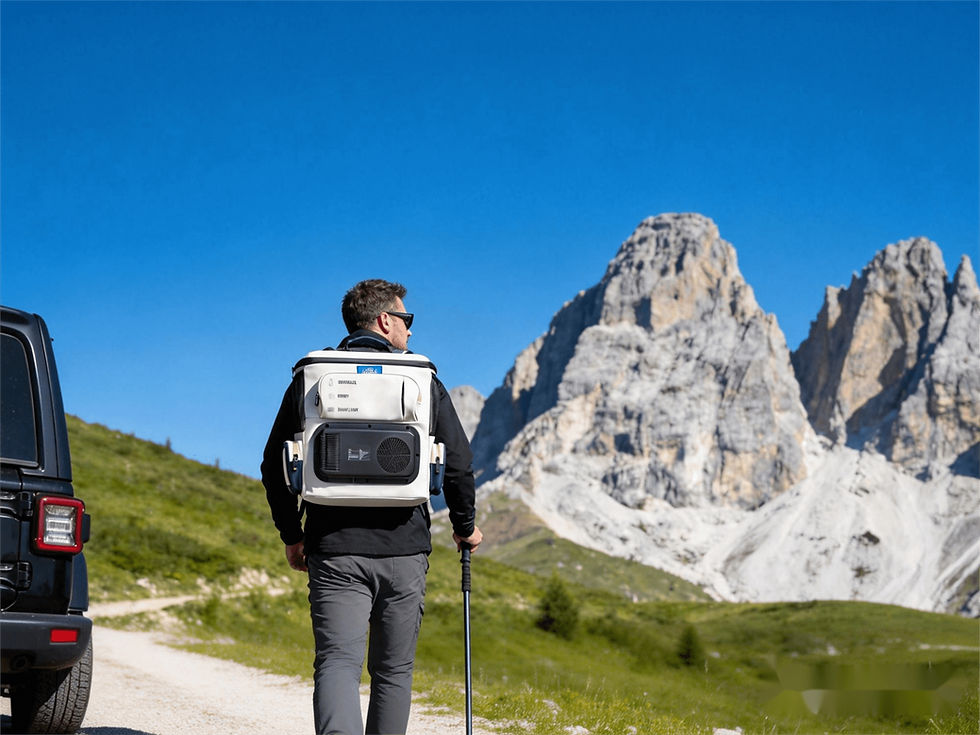 Hiking with an active cooling backpack in the mountains, ideal for outdoor adventures.
