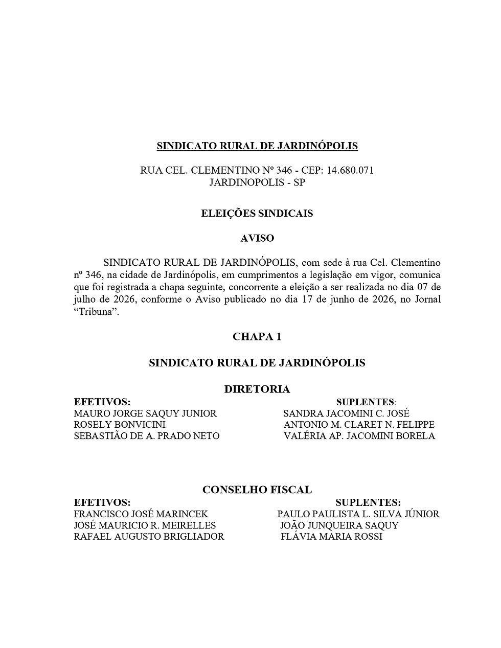 EDITAL DE REGISTRO DE CHAPA - SINDICATO RURAL DE JARDINÓPOLIS