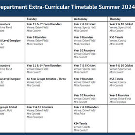 WGHS PE Department Extra-Curricular Timetable Summer 2024