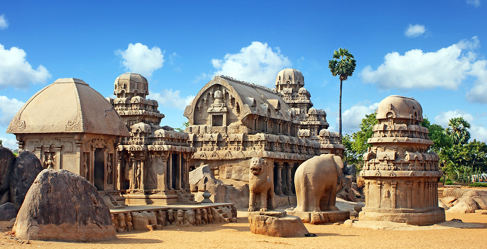 Shore and Rock cut Temple overlooks the Bay of Bengal at Mahabalipuram and dates back to the 8th century AD