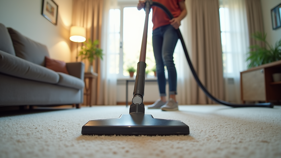 Eye-level view of a professional cleaner vacuuming a modern living room