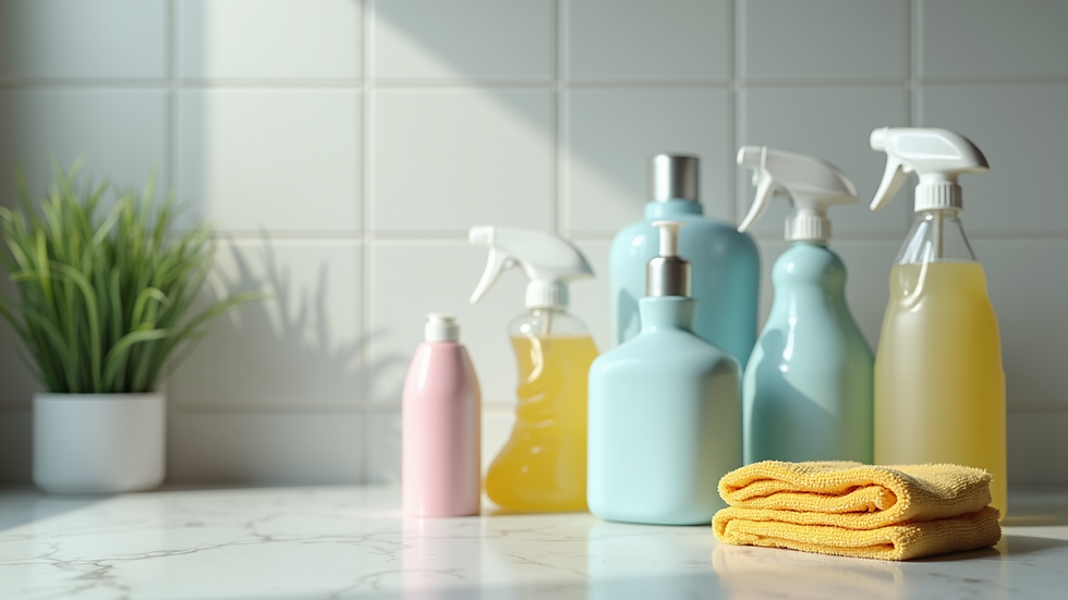 Close-up view of cleaning supplies arranged neatly on a countertop