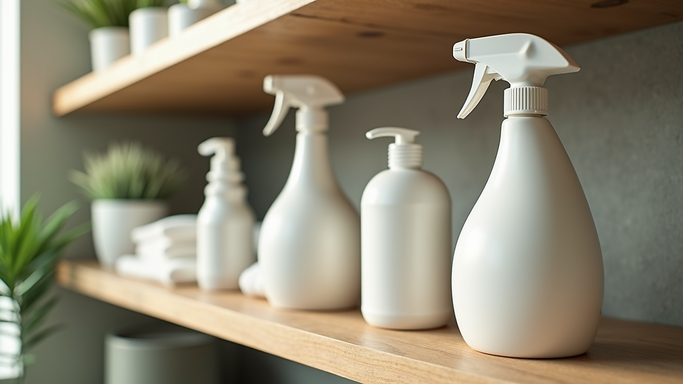Close-up view of eco-friendly cleaning products arranged neatly on a shelf