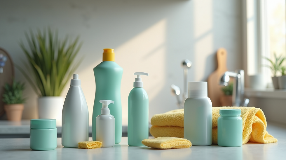 Close-up view of cleaning supplies arranged neatly on a countertop