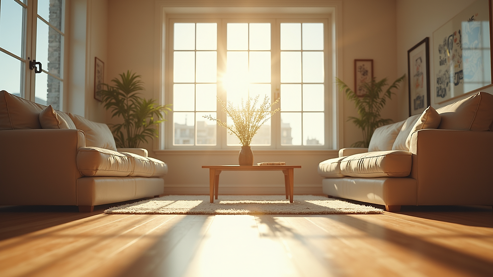 Eye-level view of a sparkling clean living room with sunlight streaming through windows
