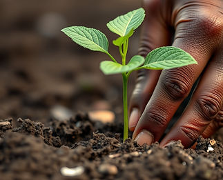 a dark brown skinned hand planting a seedling.jpg