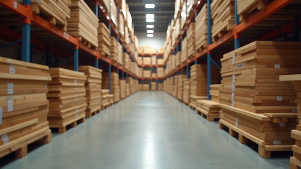 Eye-level view of a wood store aisle with neatly stacked timber planks