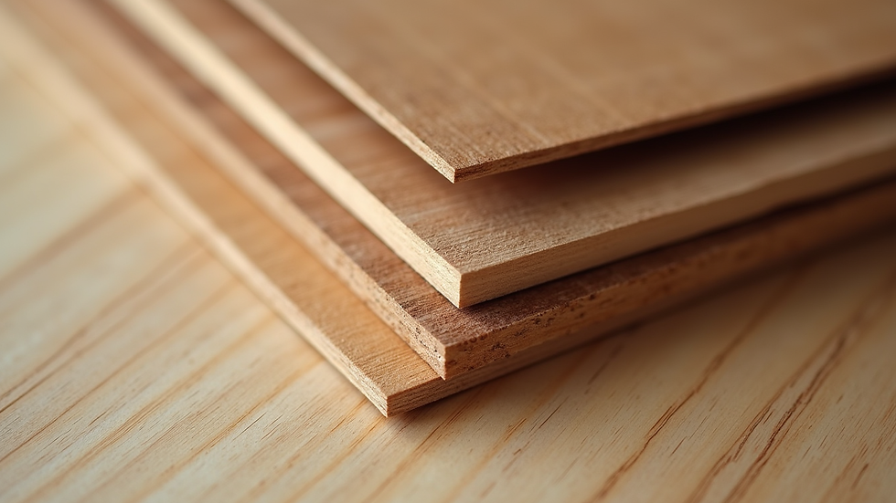 Close-up view of stacked wooden veneers with different textures