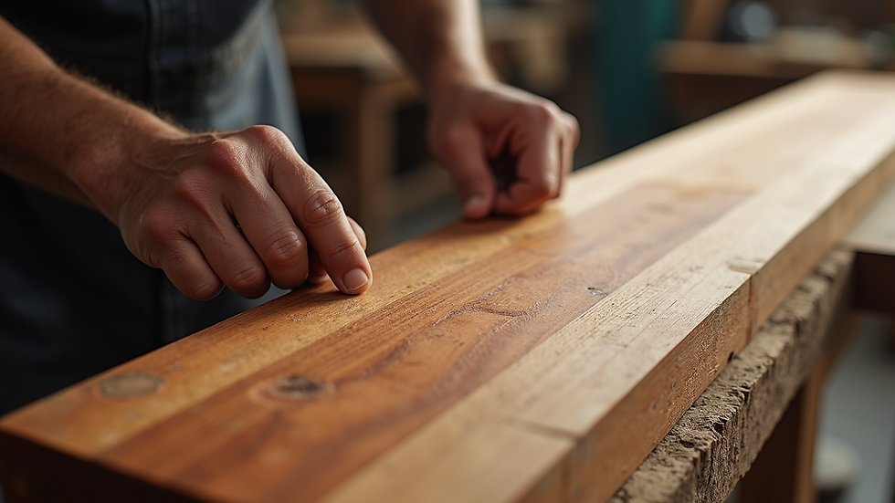 High angle view of a craftsman working on a mahogany timber plank