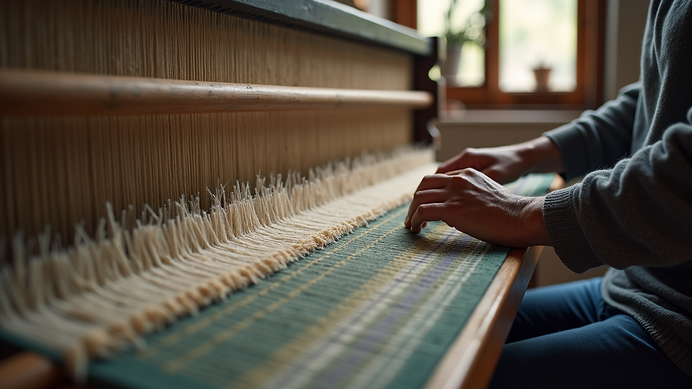 Eye-level view of a textile artisan working on a loom