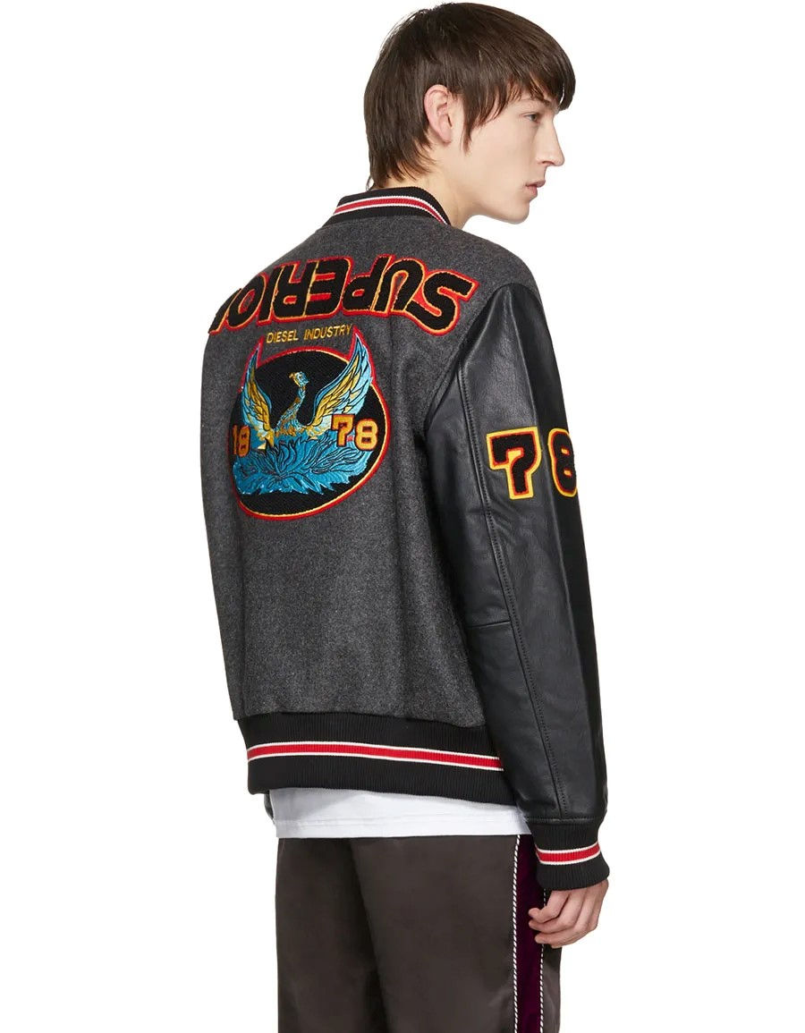 Thumbnail: Diesel Grey & Black Harry Varsity Leather Sleeve Jacket (XL)