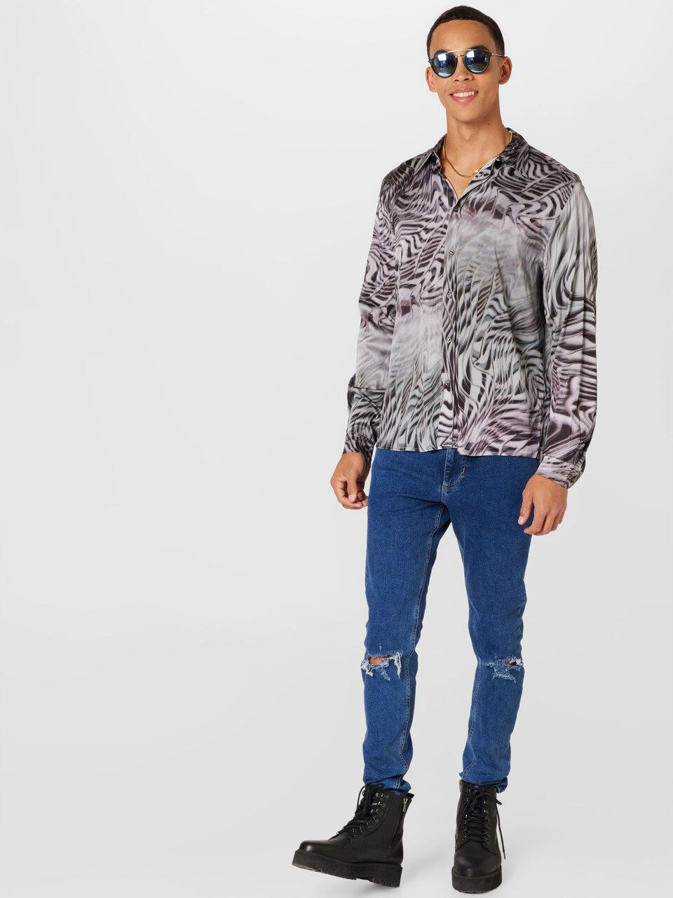 Thumbnail: DIESEL Men's Optical Graphic Print Long Sleeve Satin Shirt