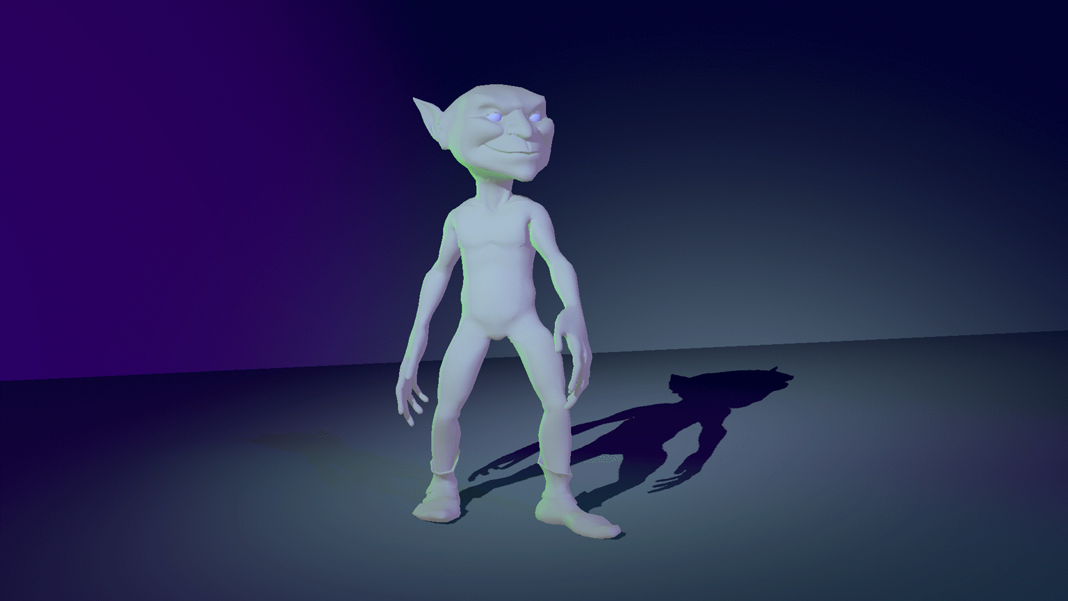 A 3D modeled gremlin character kicking in a loop cycle against a dark backdrop.