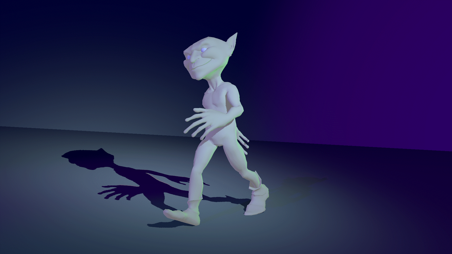 A 3D modeled gremlin character walking in a loop cycle against a dark backdrop.