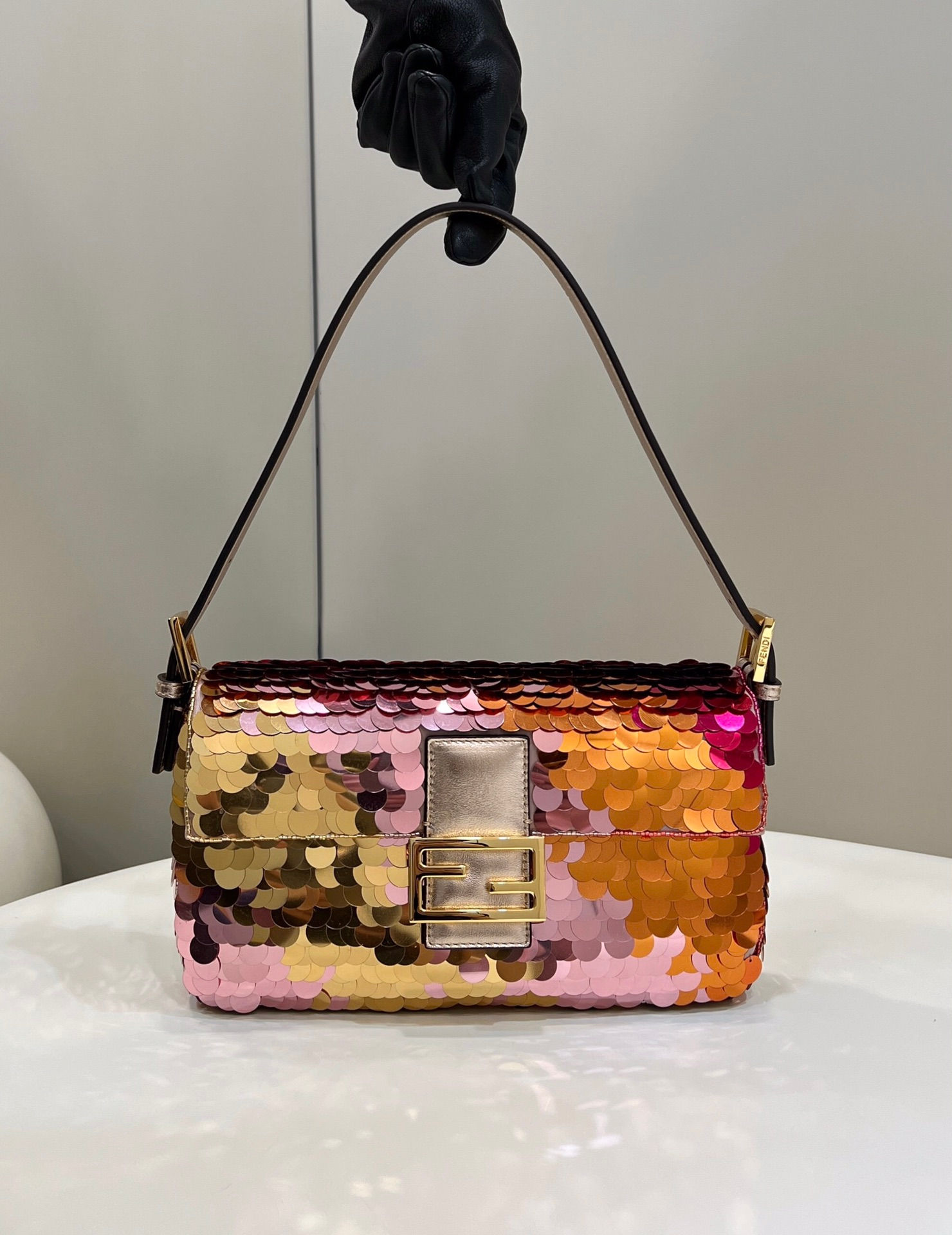 FENDI BAGUETTE SMALL SEQUIN AND LEATHER BAG