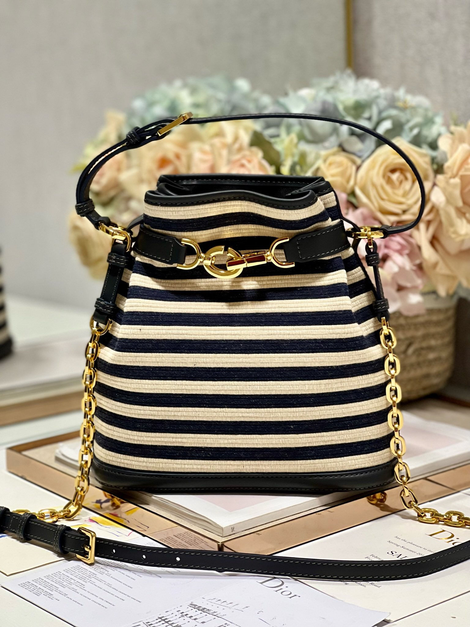 DIOR C'EST MEDIUM BAG NATURAL AND DENIM BLUE MARINIERE RAFFIA