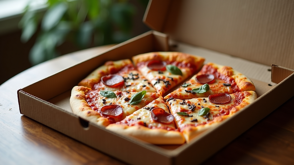 High angle view of a pizza box open on a table with various pizza slices